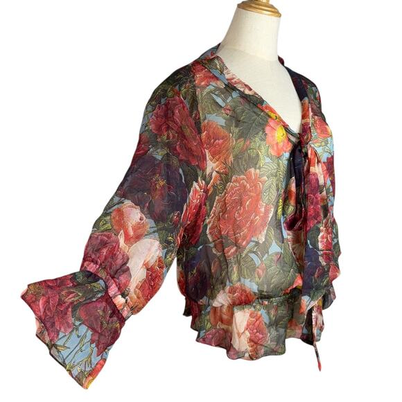 NWOT Haute Hippie 100% Silk Sheer Floral Blouse Ruched Hem Tie Neck Size Medium - Picture 5 of 11